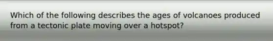 Which of the following describes the ages of volcanoes produced from a tectonic plate moving over a hotspot?