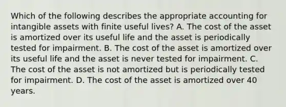 Which of the following describes the appropriate accounting for intangible assets with finite useful lives? A. The cost of the asset is amortized over its useful life and the asset is periodically tested for impairment. B. The cost of the asset is amortized over its useful life and the asset is never tested for impairment. C. The cost of the asset is not amortized but is periodically tested for impairment. D. The cost of the asset is amortized over 40 years.