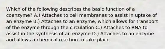 Which of the following describes the basic function of a coenzyme? A.) Attaches to cell membranes to assist in uptake of an enzyme B.) Attaches to an enzyme, which allows for transport of the enzyme through the circulation C.) Attaches to RNA to assist in the synthesis of an enzyme D.) Attaches to an enzyme and allows a chemical reaction to take place