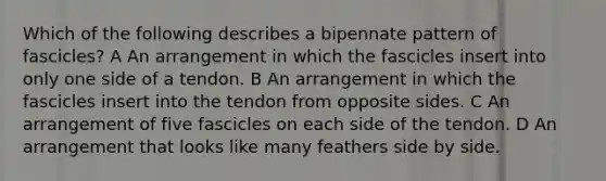 Which of the following describes a bipennate pattern of fascicles? A An arrangement in which the fascicles insert into only one side of a tendon. B An arrangement in which the fascicles insert into the tendon from opposite sides. C An arrangement of five fascicles on each side of the tendon. D An arrangement that looks like many feathers side by side.