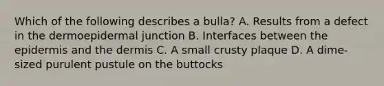 Which of the following describes a bulla? A. Results from a defect in the dermoepidermal junction B. Interfaces between the epidermis and the dermis C. A small crusty plaque D. A dime-sized purulent pustule on the buttocks