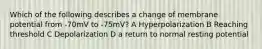 Which of the following describes a change of membrane potential from -70mV to -75mV? A Hyperpolarization B Reaching threshold C Depolarization D a return to normal resting potential