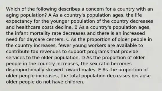 Which of the following describes a concern for a country with an aging population? A As a country's population ages, the life expectancy for the younger population of the country decreases and healthcare costs decline. B As a country's population ages, the infant mortality rate decreases and there is an increased need for daycare centers. C As the proportion of older people in the country increases, fewer young workers are available to contribute tax revenues to support programs that provide services to the older population. D As the proportion of older people in the country increases, the sex ratio becomes disproportionally skewed toward males. E As the proportion of older people increases, the total population decreases because older people do not have children.