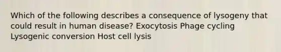 Which of the following describes a consequence of lysogeny that could result in human disease? Exocytosis Phage cycling Lysogenic conversion Host cell lysis