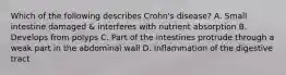 Which of the following describes Crohn's disease? A. Small intestine damaged & interferes with nutrient absorption B. Develops from polyps C. Part of the intestines protrude through a weak part in the abdominal wall D. Inflammation of the digestive tract