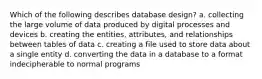 Which of the following describes database design? a. collecting the large volume of data produced by digital processes and devices b. creating the entities, attributes, and relationships between tables of data c. creating a file used to store data about a single entity d. converting the data in a database to a format indecipherable to normal programs