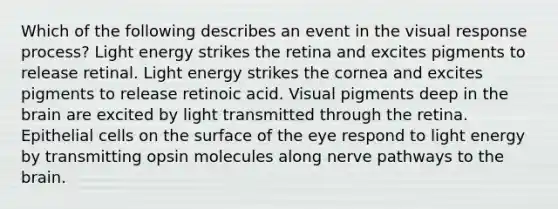 Which of the following describes an event in the visual response process? Light energy strikes the retina and excites pigments to release retinal. Light energy strikes the cornea and excites pigments to release retinoic acid. Visual pigments deep in the brain are excited by light transmitted through the retina. Epithelial cells on the surface of the eye respond to light energy by transmitting opsin molecules along nerve pathways to the brain.