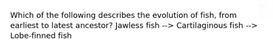 Which of the following describes the evolution of fish, from earliest to latest ancestor? Jawless fish --> Cartilaginous fish --> Lobe-finned fish