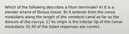 Which of the following describes a filum terminale? A) It is a slender strand of fibrous tissue. B) It extends from the conus medullaris along the length of the vertebral canal as far as the dorsum of the coccyx. C) Its origin is the inferior tip of the conus medullaris. D) All of the listed responses are correct.