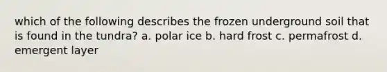 which of the following describes the frozen underground soil that is found in the tundra? a. polar ice b. hard frost c. permafrost d. emergent layer