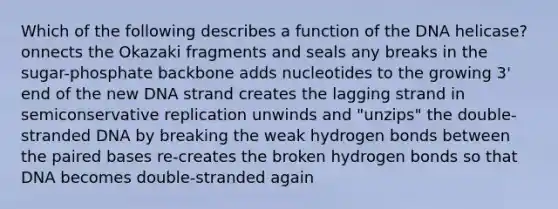 Which of the following describes a function of the DNA helicase? onnects the Okazaki fragments and seals any breaks in the sugar-phosphate backbone adds nucleotides to the growing 3' end of the new DNA strand creates the lagging strand in semiconservative replication unwinds and "unzips" the double-stranded DNA by breaking the weak hydrogen bonds between the paired bases re-creates the broken hydrogen bonds so that DNA becomes double-stranded again