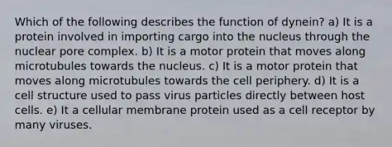 Which of the following describes the function of dynein? a) It is a protein involved in importing cargo into the nucleus through the nuclear pore complex. b) It is a motor protein that moves along microtubules towards the nucleus. c) It is a motor protein that moves along microtubules towards the cell periphery. d) It is a cell structure used to pass virus particles directly between host cells. e) It a cellular membrane protein used as a cell receptor by many viruses.