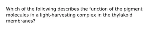 Which of the following describes the function of the pigment molecules in a light-harvesting complex in the thylakoid membranes?