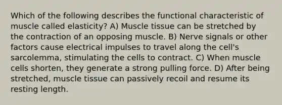 Which of the following describes the functional characteristic of muscle called elasticity? A) Muscle tissue can be stretched by the contraction of an opposing muscle. B) Nerve signals or other factors cause electrical impulses to travel along the cell's sarcolemma, stimulating the cells to contract. C) When muscle cells shorten, they generate a strong pulling force. D) After being stretched, muscle tissue can passively recoil and resume its resting length.