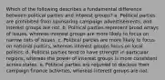 Which of the following describes a fundamental difference between political parties and interest groups? a. Political parties are prohibited from sponsoring campaign advertisements, and interest groups are not. b. Political parties represent broad arrays of issues, whereas interest groups are more likely to focus on narrow sets of issues. c. Political parties are more likely to focus on national politics, whereas interest groups focus on local politics. d. Political parties tend to have strength in particular regions, whereas the power of interest groups is more consistent across states. e. Political parties are required to disclose their campaign finance activities, whereas interest groups are not.