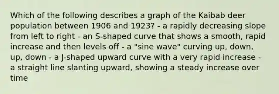 Which of the following describes a graph of the Kaibab deer population between 1906 and 1923? - a rapidly decreasing slope from left to right - an S-shaped curve that shows a smooth, rapid increase and then levels off - a "sine wave" curving up, down, up, down - a J-shaped upward curve with a very rapid increase - a straight line slanting upward, showing a steady increase over time