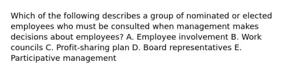 Which of the following describes a group of nominated or elected employees who must be consulted when management makes decisions about employees? A. Employee involvement B. Work councils C. Profit-sharing plan D. Board representatives E. Participative management