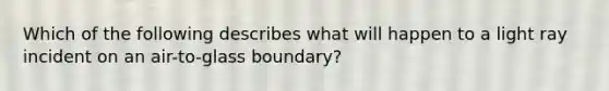 Which of the following describes what will happen to a light ray incident on an air-to-glass boundary?