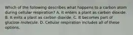 Which of the following describes what happens to a carbon atom during cellular respiration? A. It enters a plant as carbon dioxide. B. It exits a plant as carbon dioxide. C. It becomes part of glucose molecule. D. Cellular respiration includes all of these options.