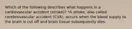 Which of the following describes what happens in a cardiovascular accident (stroke)? *A stroke, also called cerebrovascular accident (CVA), occurs when the blood supply to the brain is cut off and brain tissue subsequently dies.