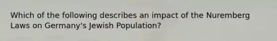 Which of the following describes an impact of the Nuremberg Laws on Germany's Jewish Population?