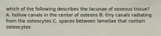 which of the following describes the lacunae of osseous tissue? A. hollow canals in the center of osteons B. tiny canals radiating from the osteocytes C. spaces between lamellae that contain osteocytes