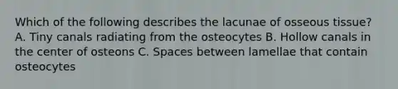 Which of the following describes the lacunae of osseous tissue? A. Tiny canals radiating from the osteocytes B. Hollow canals in the center of osteons C. Spaces between lamellae that contain osteocytes