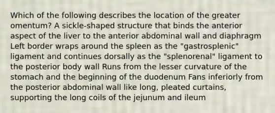 Which of the following describes the location of the greater omentum? A sickle-shaped structure that binds the anterior aspect of the liver to the anterior abdominal wall and diaphragm Left border wraps around the spleen as the "gastrosplenic" ligament and continues dorsally as the "splenorenal" ligament to the posterior body wall Runs from the lesser curvature of the stomach and the beginning of the duodenum Fans inferiorly from the posterior abdominal wall like long, pleated curtains, supporting the long coils of the jejunum and ileum