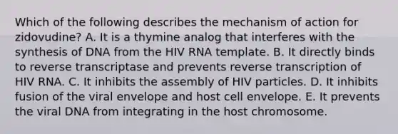 Which of the following describes the mechanism of action for zidovudine? A. It is a thymine analog that interferes with the synthesis of DNA from the HIV RNA template. B. It directly binds to reverse transcriptase and prevents reverse transcription of HIV RNA. C. It inhibits the assembly of HIV particles. D. It inhibits fusion of the viral envelope and host cell envelope. E. It prevents the viral DNA from integrating in the host chromosome.