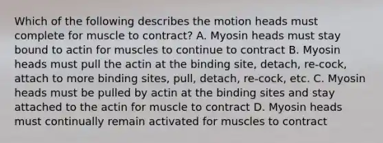 Which of the following describes the motion heads must complete for muscle to contract? A. Myosin heads must stay bound to actin for muscles to continue to contract B. Myosin heads must pull the actin at the binding site, detach, re-cock, attach to more binding sites, pull, detach, re-cock, etc. C. Myosin heads must be pulled by actin at the binding sites and stay attached to the actin for muscle to contract D. Myosin heads must continually remain activated for muscles to contract