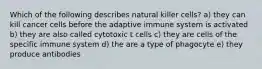 Which of the following describes natural killer cells? a) they can kill cancer cells before the adaptive immune system is activated b) they are also called cytotoxic t cells c) they are cells of the specific immune system d) the are a type of phagocyte e) they produce antibodies