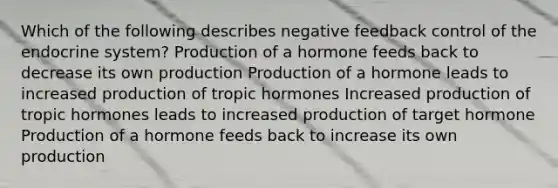 Which of the following describes negative feedback control of the endocrine system? Production of a hormone feeds back to decrease its own production Production of a hormone leads to increased production of tropic hormones Increased production of tropic hormones leads to increased production of target hormone Production of a hormone feeds back to increase its own production