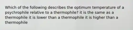 Which of the following describes the optimum temperature of a psychrophile relative to a thermophile? it is the same as a thermophile it is lower than a thermophile it is higher than a thermophile