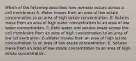 Which of the following describes how osmosis occurs across a cell membrane/ A. Water moves from an area of low solute concentration to an area of high solute concentration. B. Solutes move from an area of high water concentration to an area of low water concentration. C. Both water and solutes move across the cell membrane from an area of high concentration to an area of low concentration. D.vWater moves from an area of high solute concentration to an area of low solute concentration. E. Solutes move from an area of low solute concentration to an area of high solute concentration.