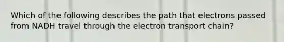 Which of the following describes the path that electrons passed from NADH travel through the electron transport chain?