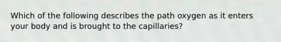 Which of the following describes the path oxygen as it enters your body and is brought to the capillaries?