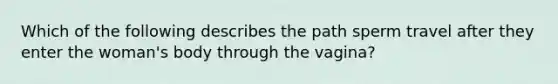 Which of the following describes the path sperm travel after they enter the woman's body through the vagina?