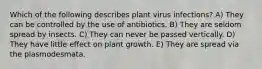 Which of the following describes plant virus infections? A) They can be controlled by the use of antibiotics. B) They are seldom spread by insects. C) They can never be passed vertically. D) They have little effect on plant growth. E) They are spread via the plasmodesmata.