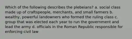 Which of the following describes the plebeians? a. social class made up of craftspeople, merchants, and small farmers b. wealthy, powerful landowners who formed the ruling class c. group that was elected each year to run the government and lead the army d. officials in the Roman Republic responsible for enforcing civil law