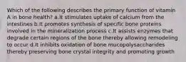 Which of the following describes the primary function of vitamin A in bone health? ​a.​It stimulates uptake of calcium from the intestines ​b.​It promotes synthesis of specific bone proteins involved in the mineralization process ​c.​It assists enzymes that degrade certain regions of the bone thereby allowing remodeling to occur ​d.​It inhibits oxidation of bone mucopolysaccharides thereby preserving bone crystal integrity and promoting growth