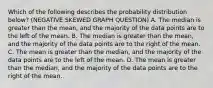 Which of the following describes the probability distribution below? (NEGATIVE SKEWED GRAPH QUESTION) A. The median is greater than the mean, and the majority of the data points are to the left of the mean. B. The median is greater than the mean, and the majority of the data points are to the right of the mean. C. The mean is greater than the median, and the majority of the data points are to the left of the mean. D. The mean is greater than the median, and the majority of the data points are to the right of the mean.