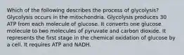 Which of the following describes the process of glycolysis? Glycolysis occurs in the mitochondria. Glycolysis produces 30 ATP from each molecule of glucose. It converts one glucose molecule to two molecules of pyruvate and carbon dioxide. It represents the first stage in the chemical oxidation of glucose by a cell. It requires ATP and NADH.