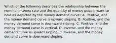 Which of the following describes the relationship between the nominal interest rate and the quantity of money people want to hold as depicted by the money demand curve? A. Positive, and the money demand curve is upward sloping. B. Positive, and the money demand curve is downward sloping. C. Positive, and the money demand curve is vertical. D. Inverse, and the money demand curve is upward sloping. E. Inverse, and the money demand curve is downward sloping.