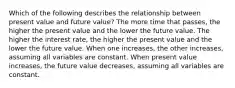 Which of the following describes the relationship between present value and future value? The more time that passes, the higher the present value and the lower the future value. The higher the interest rate, the higher the present value and the lower the future value. When one increases, the other increases, assuming all variables are constant. When present value increases, the future value decreases, assuming all variables are constant.