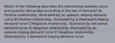 Which of the following describes the relationship between price and quantity demanded according to the law of demand? A) Positive relationship, illustrated by an upward- sloping demand curve B) Positive relationship, illustrated by a downward-sloping demand curve C)Negative relationship, illustrated by horizontal demand curve D) Negative relationship, illustrated by an upward-sloping demand curve E) Negative relationship, illustrated by a downward-sloping demand curve