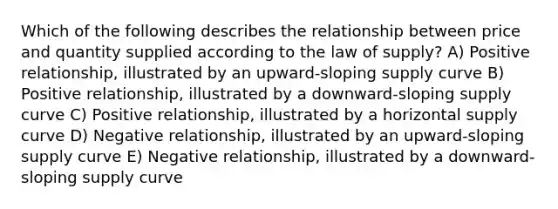 Which of the following describes the relationship between price and quantity supplied according to the law of supply? A) Positive relationship, illustrated by an upward-sloping supply curve B) Positive relationship, illustrated by a downward-sloping supply curve C) Positive relationship, illustrated by a horizontal supply curve D) Negative relationship, illustrated by an upward-sloping supply curve E) Negative relationship, illustrated by a downward-sloping supply curve
