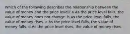 Which of the following describes the relationship between the value of money and the price level? a.As the price level falls, the value of money does not change. b.As the price level falls, the value of money rises. c.As the price level falls, the value of money falls. d.As the price level rises, the value of money rises.