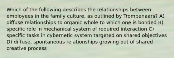 Which of the following describes the relationships between employees in the family culture, as outlined by Trompenaars? A) diffuse relationships to organic whole to which one is bonded B) specific role in mechanical system of required interaction C) specific tasks in cybernetic system targeted on shared objectives D) diffuse, spontaneous relationships growing out of shared creative process