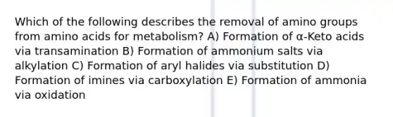 Which of the following describes the removal of amino groups from amino acids for metabolism? A) Formation of α-Keto acids via transamination B) Formation of ammonium salts via alkylation C) Formation of aryl halides via substitution D) Formation of imines via carboxylation E) Formation of ammonia via oxidation