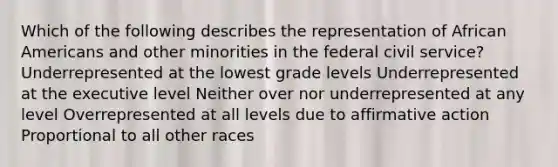 Which of the following describes the representation of <a href='https://www.questionai.com/knowledge/kktT1tbvGH-african-americans' class='anchor-knowledge'>african americans</a> and other minorities in the federal <a href='https://www.questionai.com/knowledge/ki5IxoeJ3Y-civil-service' class='anchor-knowledge'>civil service</a>? Underrepresented at the lowest grade levels Underrepresented at the executive level Neither over nor underrepresented at any level Overrepresented at all levels due to <a href='https://www.questionai.com/knowledge/k15TsidlpG-affirmative-action' class='anchor-knowledge'>affirmative action</a> Proportional to all other races